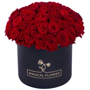 Букет из 51 красной розы premium в черной шляпной коробке