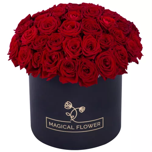 Букет из 51 красной розы premium в черной шляпной коробке Букет из 51 красной розы premium в черной шляпной коробке
