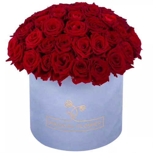 Букет из 51 красной розы premium в серой бархатной шляпной коробке Букет из 51 красной розы premium в серой бархатной шляпной коробке