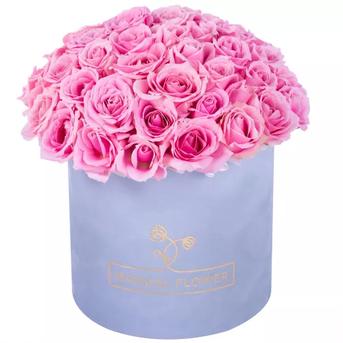 Букет из 51 розовой розы premium в серой бархатной шляпной коробке