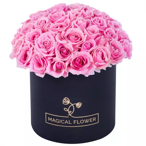 Букет из 51 розовой розы premium в черной шляпной коробке