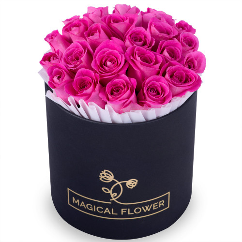 25 розовых роз в черной шляпной коробке
