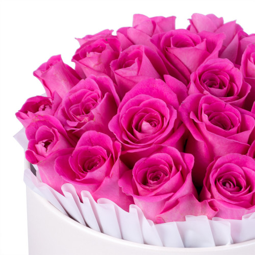 25 розовых роз в кремовой шляпной коробке
