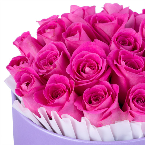 25 розовых роз в фиолетовой шляпной коробке