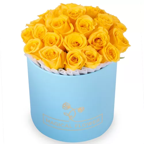 Букет на выпускной 25 желтых роз в голубой шляпной коробке
