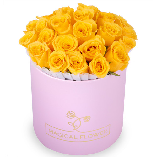 25 желтых роз в розовой шляпной коробке