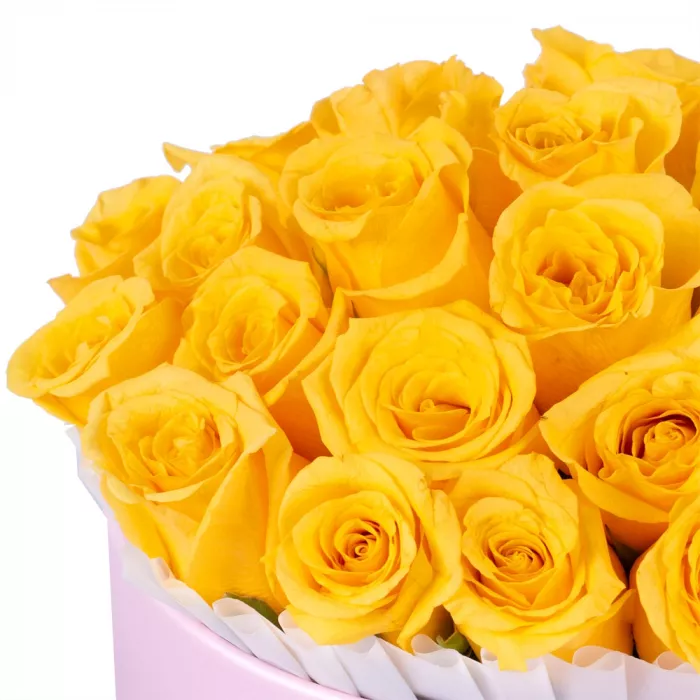 25 желтых роз в розовой шляпной коробке