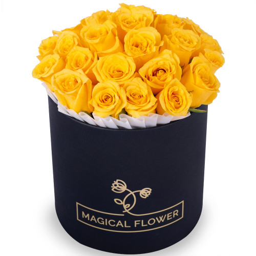 Цветы на выпускной из 25 желтых роз в черной шляпной коробке