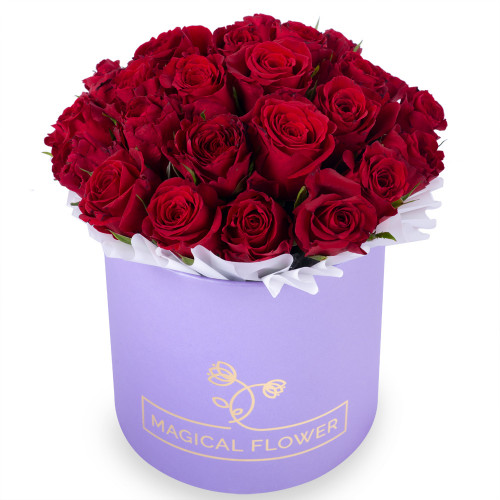 25 красных роз в фиолетовой шляпной коробке