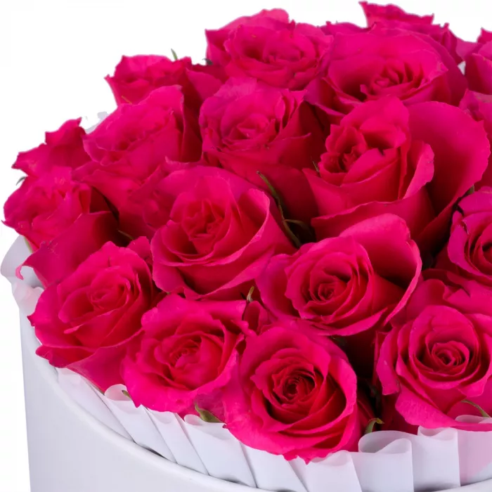 25 малиновых роз в белой шляпной коробке