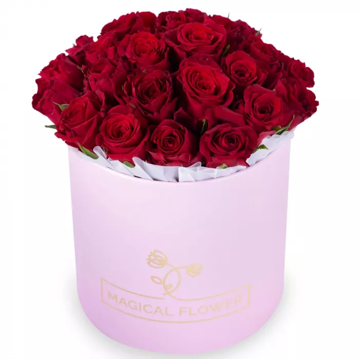 25 красных роз в розовой шляпной коробке 25 красных роз в розовой шляпной коробке