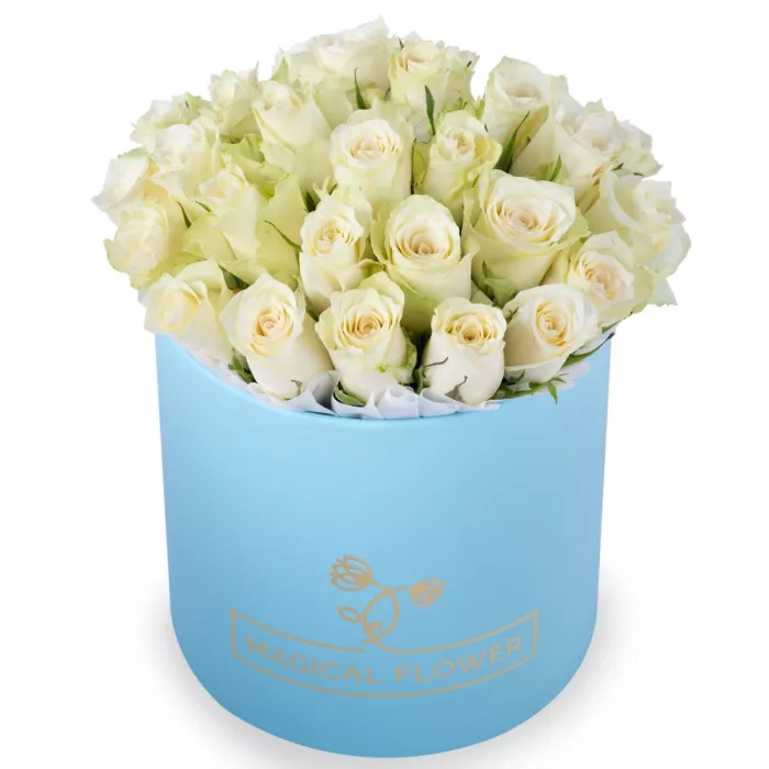 25 белых роз в голубой шляпной коробке