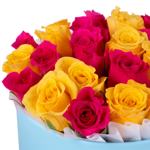 25 разноцветных роз в голубой шляпной коробке