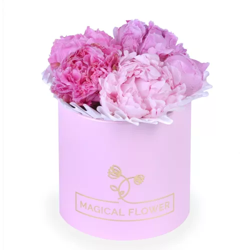 Букет из 7 розовых пионов в шляпной коробке