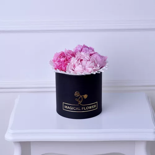 Букет из 7 розовых пионов Сара Бернар в черной шляпной коробке