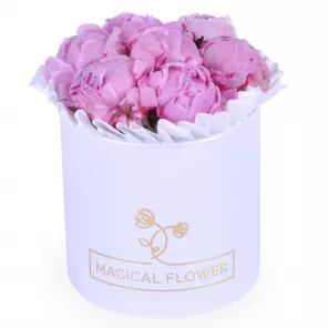 Букет из 7 розовых пионов в шляпной белой коробке