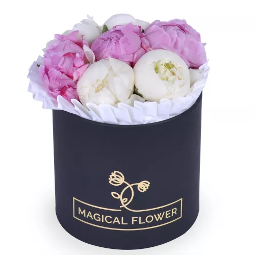 Букет из 7 разноцветных пионов в черной шляпной коробке