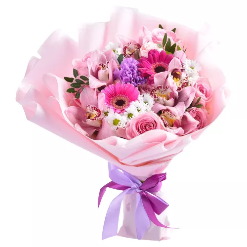 Букет с розой, герберой и орхидеей