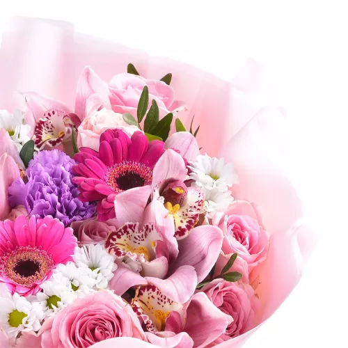 Букет шикарных цветов с розой, герберой и орхидеей