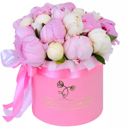 Букет из 19 разноцветных пионов в розовой шляпной коробке