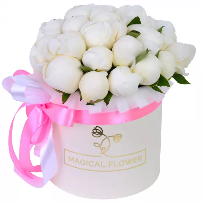 Букет из 25 белых пионов в кремовой шляпной коробке