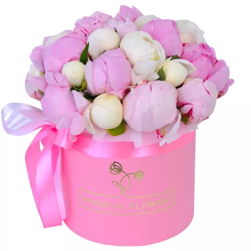 Букет из Цветы 25 разноцветных пионов в розовой шляпной коробке