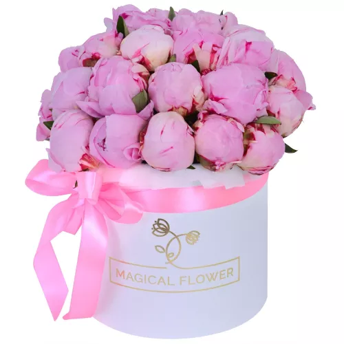 Букет из 25 розовых пионов в белой шляпной коробке