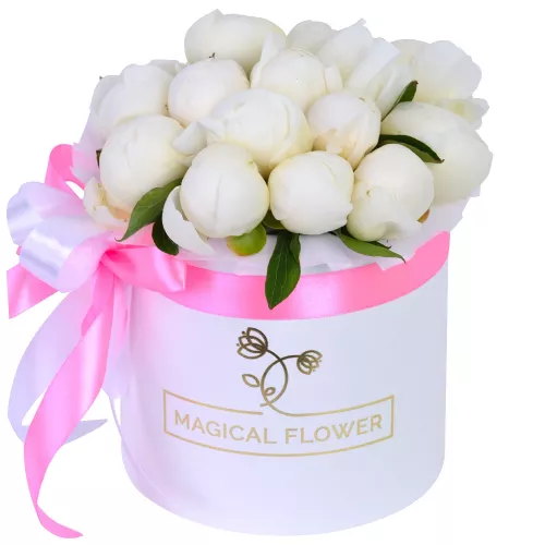 Букет из 15 белых пионов в белой шляпной коробке