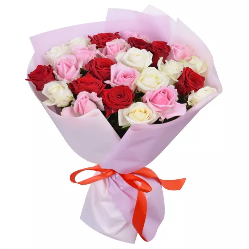 Букет из 25 разноцветных роз premium 40 см Букет из 25 разноцветных роз premium 40 см