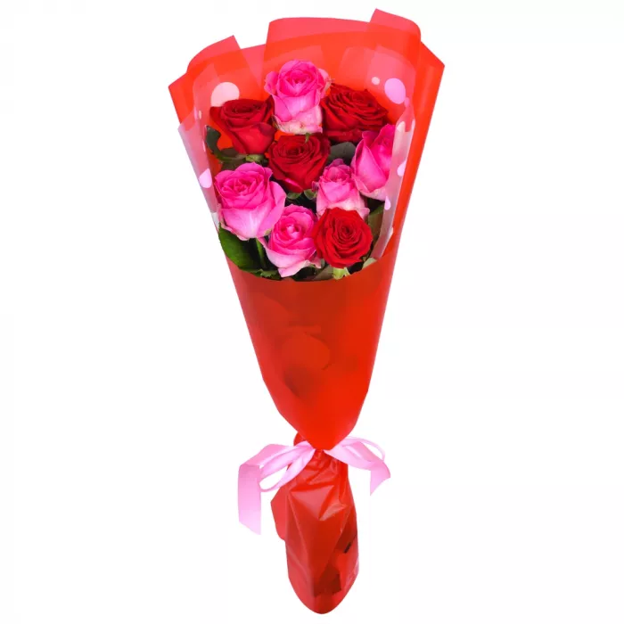 9 разноцветных роз 60 см