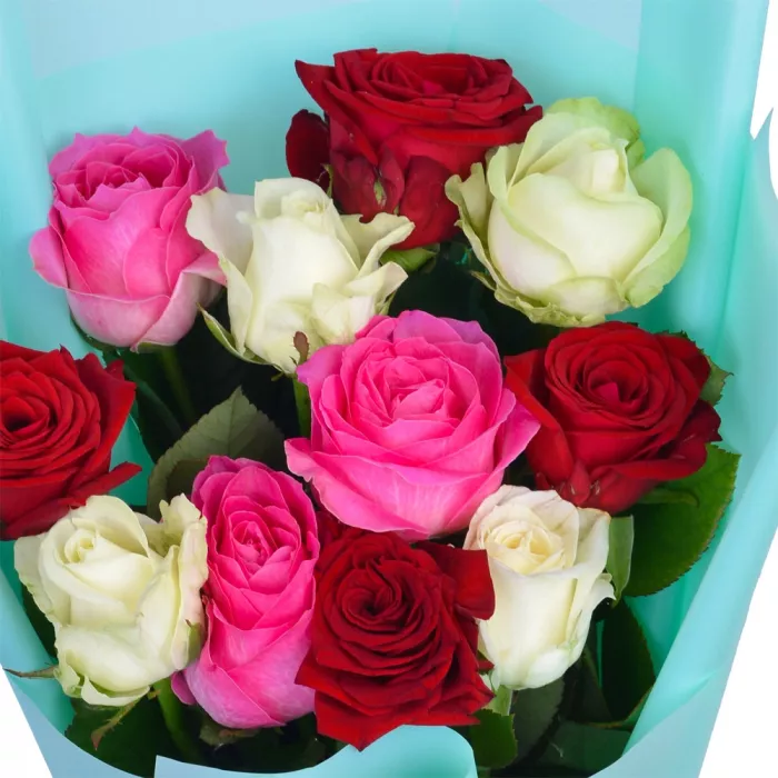 11 разноцветных роз 60 см