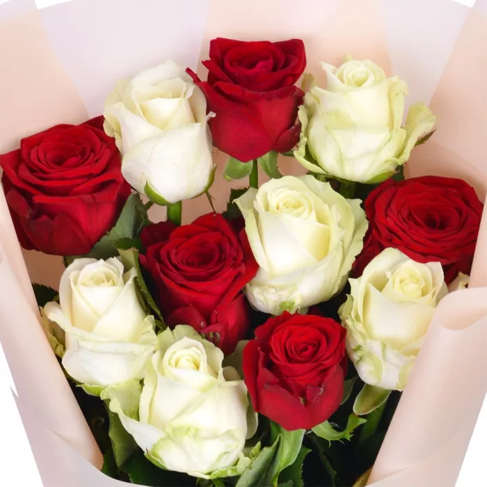 Букет из 11 красных и белых роз 60 см