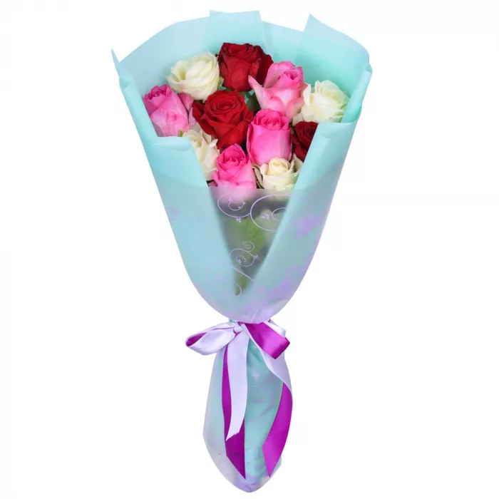 11 разноцветных роз Premium 50 см в пленке