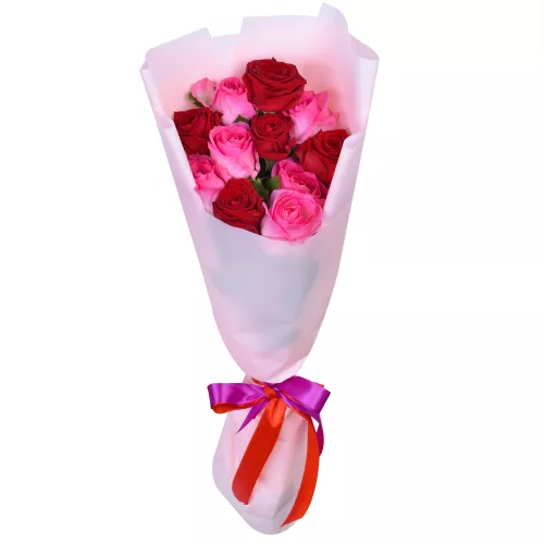 Монобукет из 11 разноцветных роз Premium 50 см в пленке