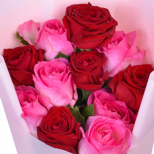 Букет из 11 разноцветных роз Premium 50 см в пленке