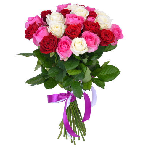 Монобукет из 25 разноцветных роз Premium 50 см в пленке