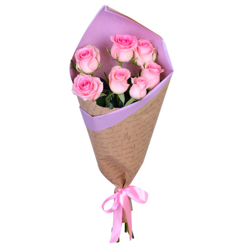 7 розовых роз 60 см