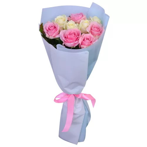 9 белых и розовых роз 60 см