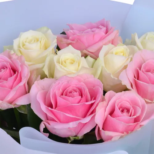 9 белых и розовых роз 60 см