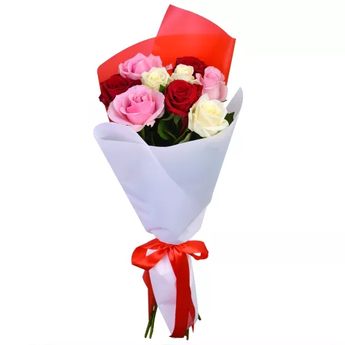 Букет из 9 разноцветных роз premium 40 см в пленке Букет из 9 разноцветных роз premium 40 см в пленке