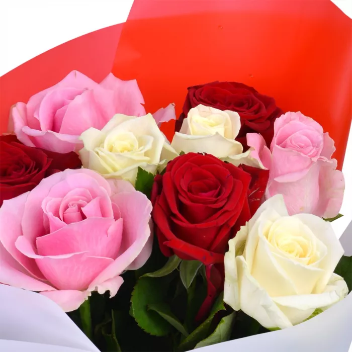 Букет из 9 разноцветных роз premium 40 см в пленке