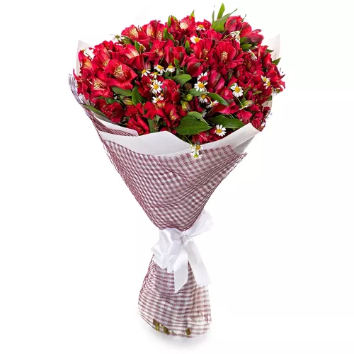 Букет цветов из 15 альстромерии и танацетумаз