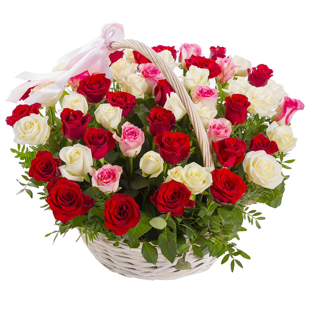 51 разноцветная роза в корзине - купить в Москве по цене 6090 р - Magic  Flower